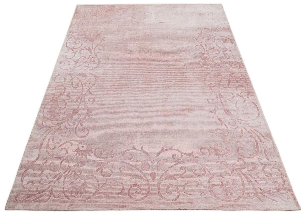 4x6 and 6x9 Hand Woven and Carved Pink Floral Art Silk Rug | KNT2-Area Rug-Parc Decor