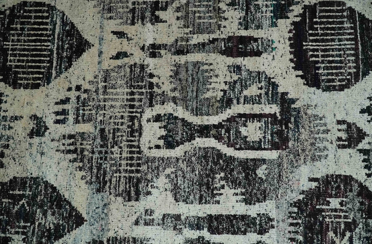 4x6 and 8x10 Hand Knotted Ivory, Charcoal and Brown Antique Persian Style Recycled Silk Area Rug