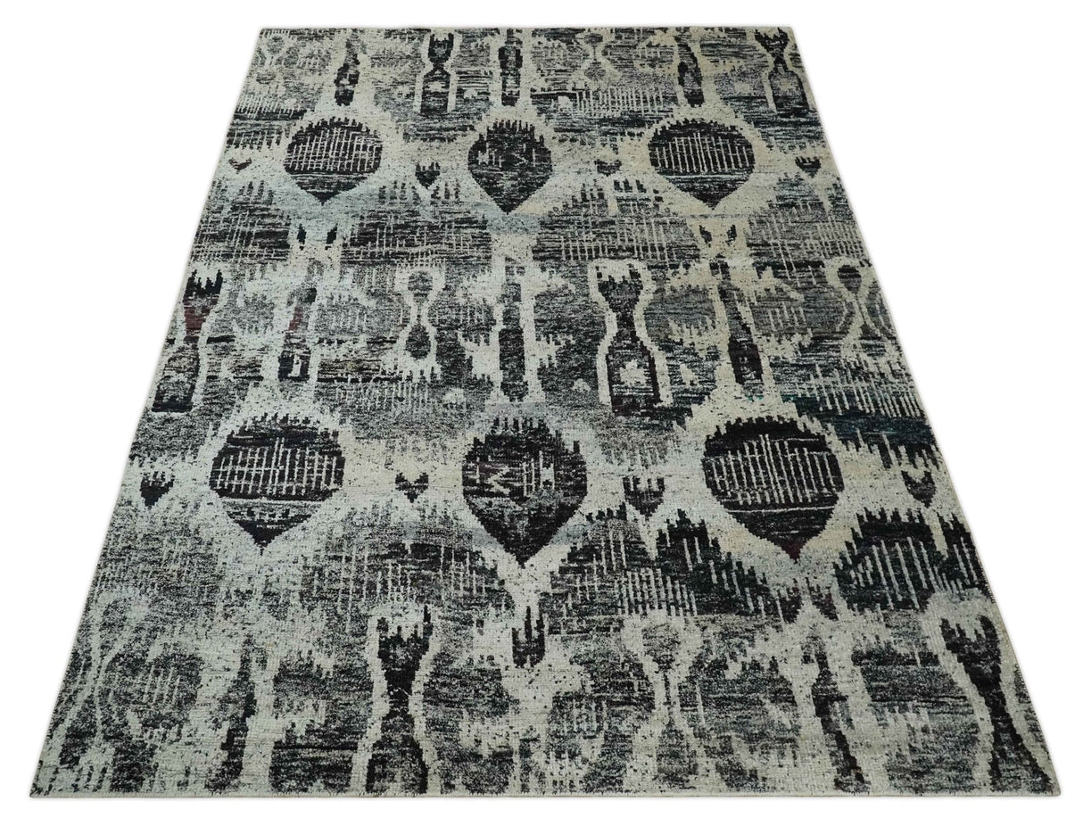 4x6 and 8x10 Hand Knotted Ivory, Charcoal and Brown Antique Persian Style Recycled Silk Area Rug