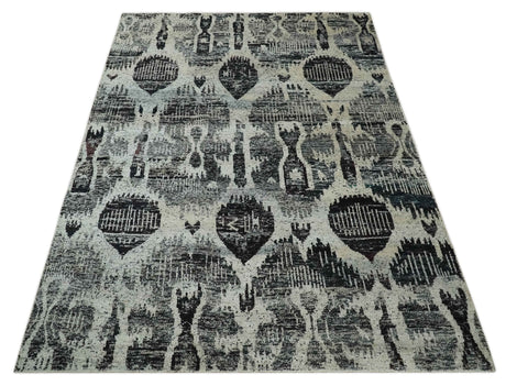 4x6 and 8x10 Hand Knotted Ivory, Charcoal and Brown Antique Persian Style Recycled Silk Area Rug