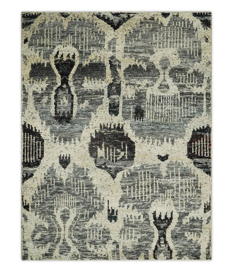 4x6 and 8x10 Hand Knotted Ivory, Charcoal and Brown Antique Persian Style Recycled Silk Area Rug