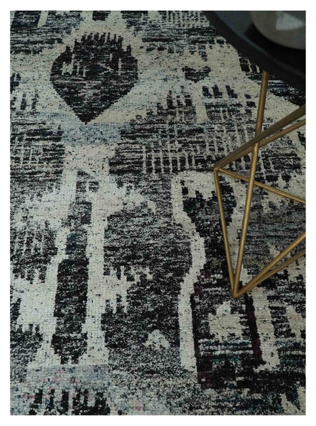 4x6 and 8x10 Hand Knotted Ivory, Charcoal and Brown Antique Persian Style Recycled Silk Area Rug