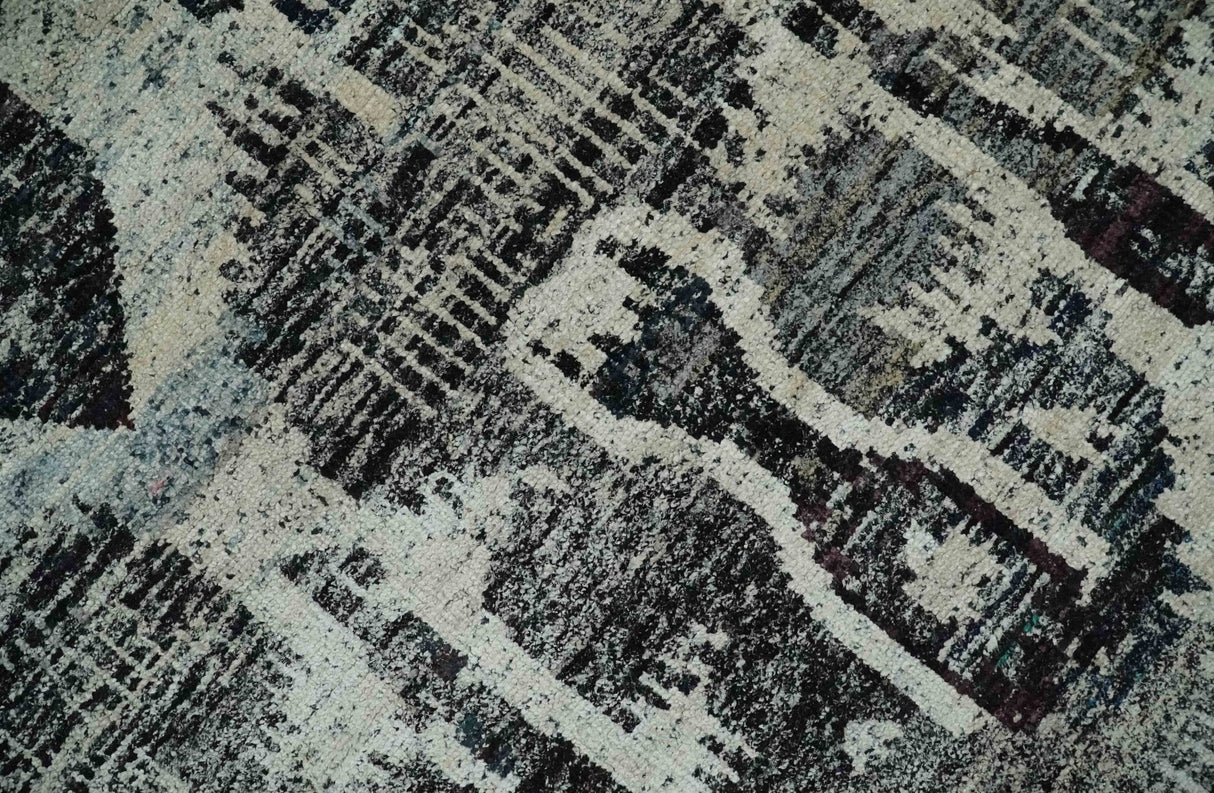 4x6 and 8x10 Hand Knotted Ivory, Charcoal and Brown Antique Persian Style Recycled Silk Area Rug