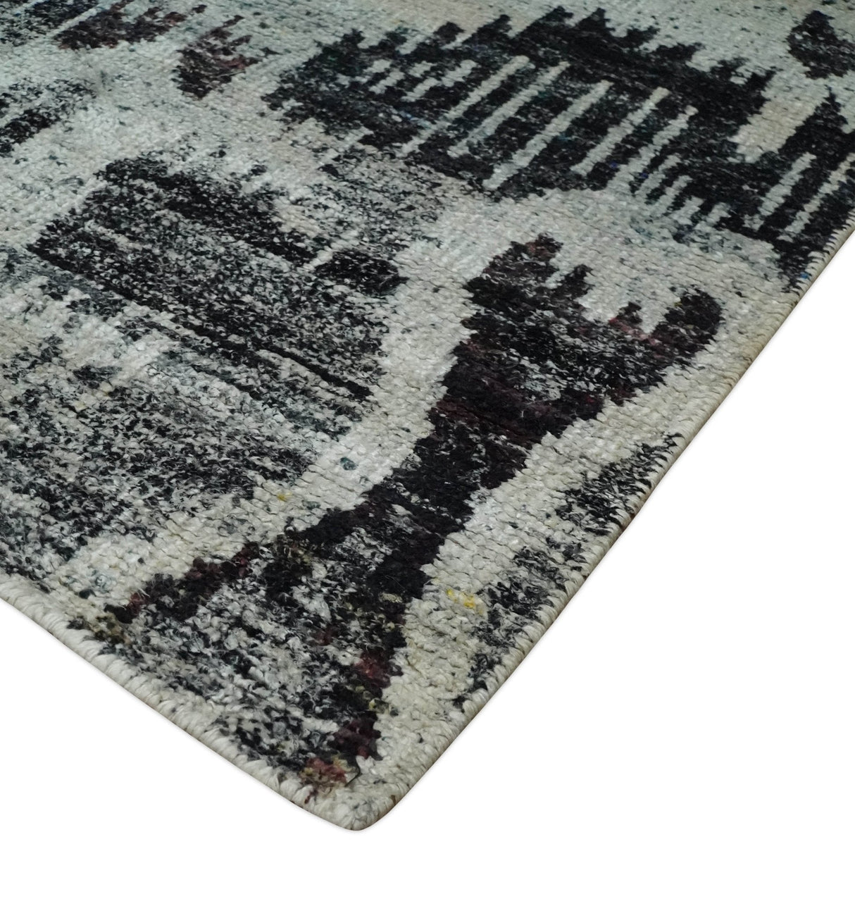 4x6 and 8x10 Hand Knotted Ivory, Charcoal and Brown Antique Persian Style Recycled Silk Area Rug
