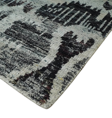 4x6 and 8x10 Hand Knotted Ivory, Charcoal and Brown Antique Persian Style Recycled Silk Area Rug