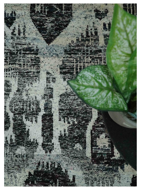 4x6 and 8x10 Hand Knotted Ivory, Charcoal and Brown Antique Persian Style Recycled Silk Area Rug
