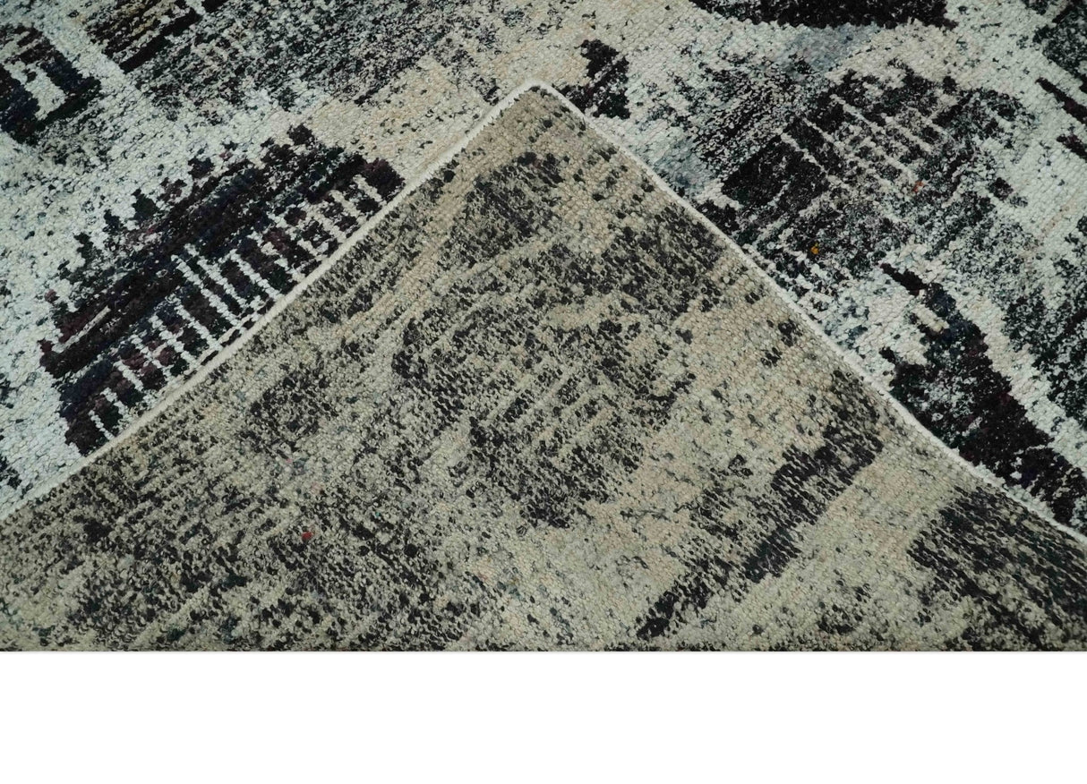 4x6 and 8x10 Hand Knotted Ivory, Charcoal and Brown Antique Persian Style Recycled Silk Area Rug