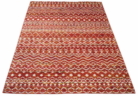 4x6 and 8x10 Hand Knotted Rust, Gold and White Modern Contemporary Southwestern Tribal Trellis Recycled Silk Area Rug