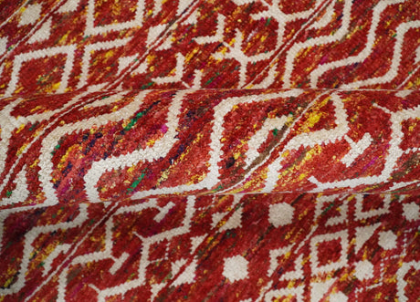 4x6 and 8x10 Hand Knotted Rust, Gold and White Modern Contemporary Southwestern Tribal Trellis Recycled Silk Area Rug