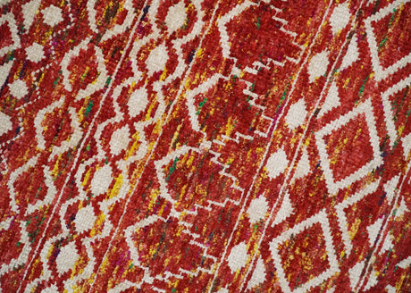 4x6 and 8x10 Hand Knotted Rust, Gold and White Modern Contemporary Southwestern Tribal Trellis Recycled Silk Area Rug