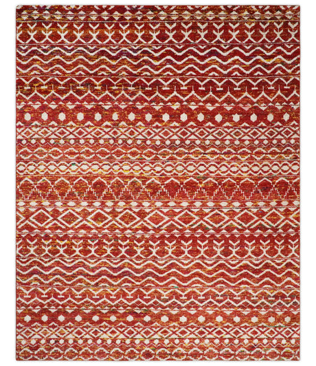 4x6 and 8x10 Hand Knotted Rust, Gold and White Modern Contemporary Southwestern Tribal Trellis Recycled Silk Area Rug