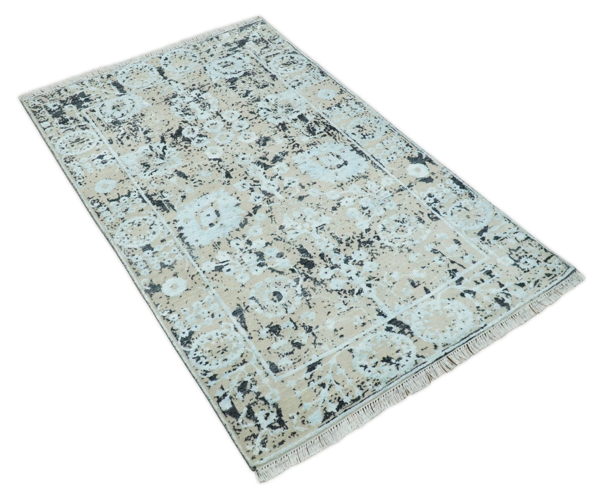 4x6 Fine Hand Knotted Aqua, Beige and Black Traditional Vintage Persian Style Antique Wool and Bamboo Silk Rug | AGR10