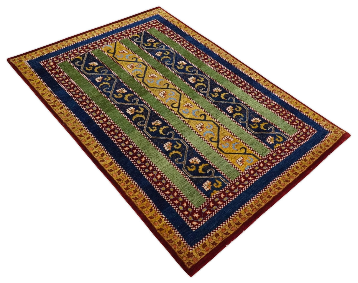 4x6 Green, Gold and Blue Striped Wool Hand Knotted Southwestern Lori Gabbeh Rug