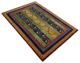 4x6 Green, Gold and Blue Striped Wool Hand Knotted Southwestern Lori Gabbeh Rug