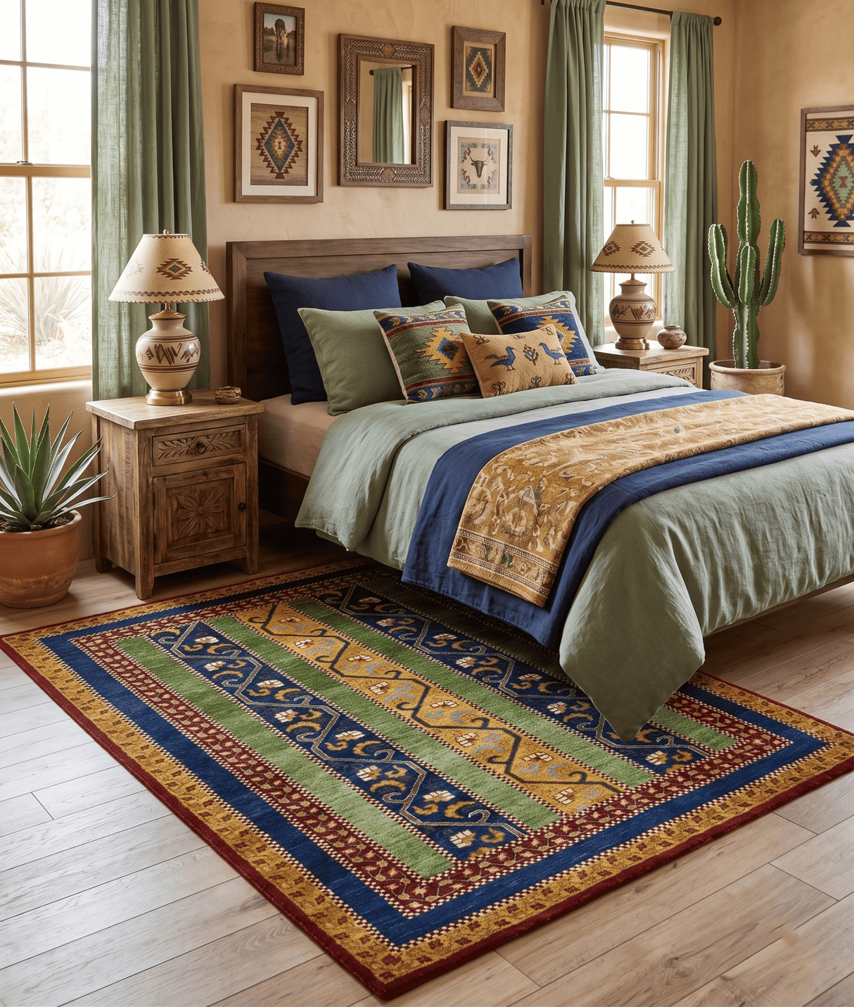 4x6 Green, Gold and Blue Striped Wool Hand Knotted Southwestern Lori Gabbeh Rug