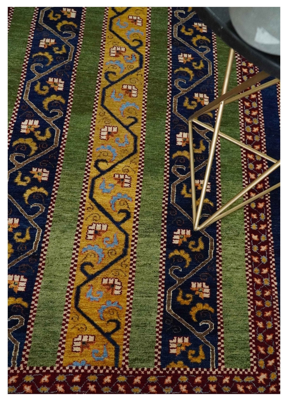 4x6 Green, Gold and Blue Striped Wool Hand Knotted Southwestern Lori Gabbeh Rug