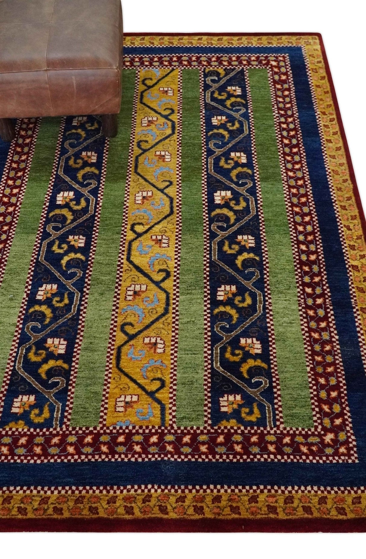 4x6 Green, Gold and Blue Striped Wool Hand Knotted Southwestern Lori Gabbeh Rug