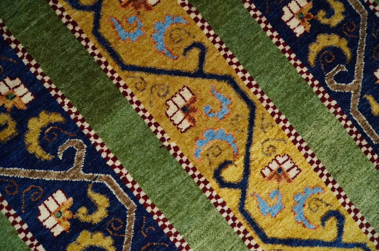 4x6 Green, Gold and Blue Striped Wool Hand Knotted Southwestern Lori Gabbeh Rug