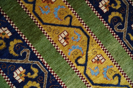 4x6 Green, Gold and Blue Striped Wool Hand Knotted Southwestern Lori Gabbeh Rug