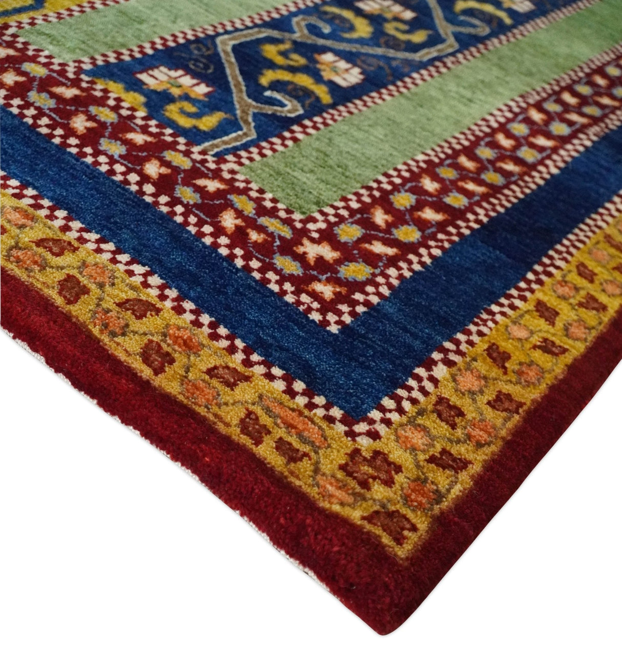 4x6 Green, Gold and Blue Striped Wool Hand Knotted Southwestern Lori Gabbeh Rug
