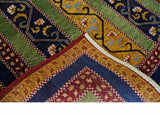 4x6 Green, Gold and Blue Striped Wool Hand Knotted Southwestern Lori Gabbeh Rug | KNT54