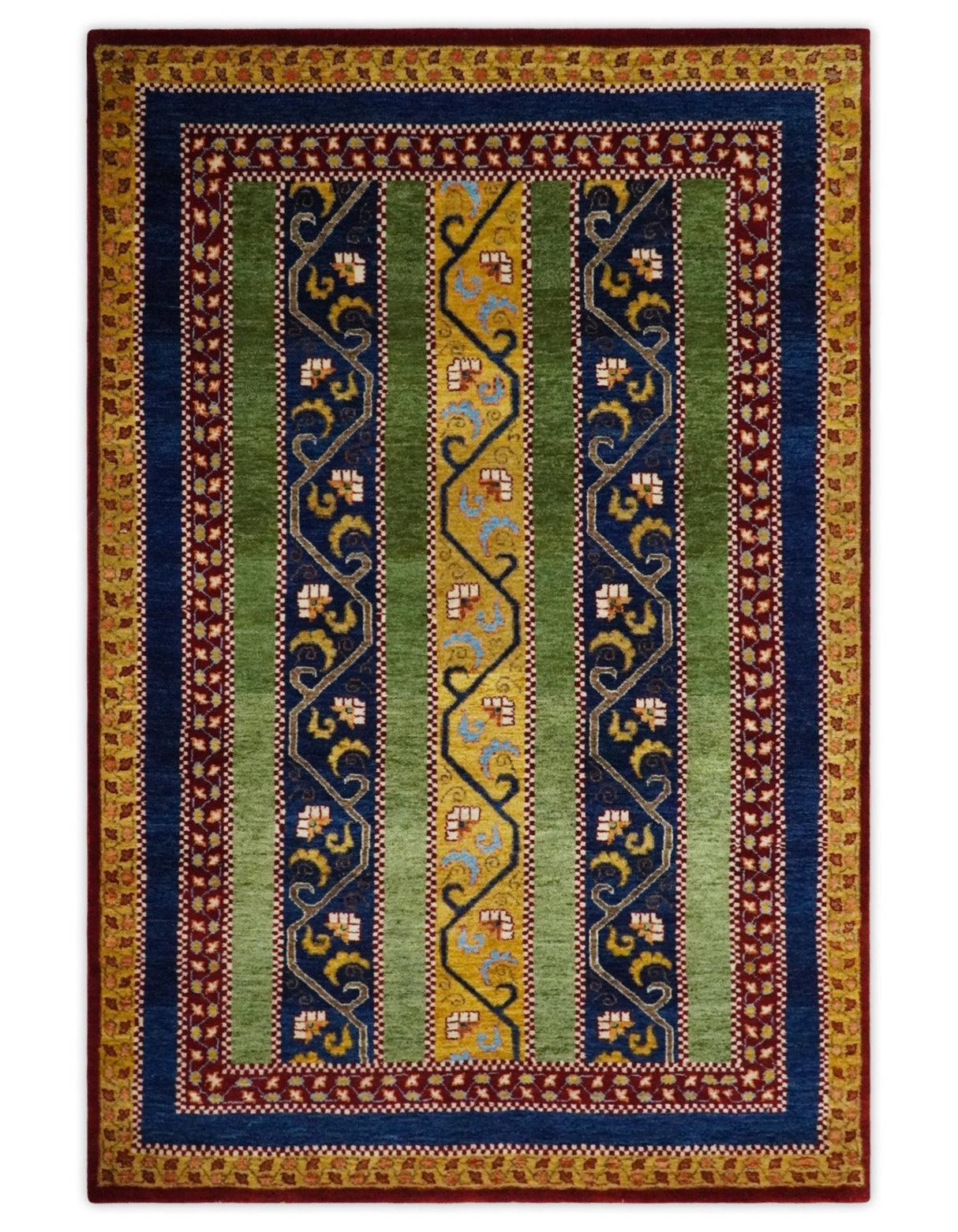 4x6 Green, Gold and Blue Striped Wool Hand Knotted Southwestern Lori Gabbeh Rug