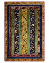 4x6 Green, Gold and Blue Striped Wool Hand Knotted Southwestern Lori Gabbeh Rug