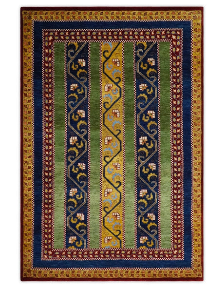4x6 Green, Gold and Blue Striped Wool Hand Knotted Southwestern Lori Gabbeh Rug