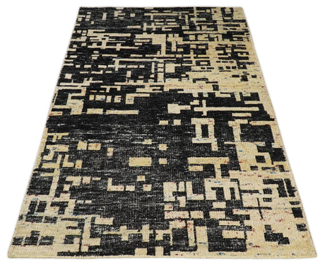 4x6 Hand Knotted Beige and Black Modern Abstract Contemporary Recycled Silk Area Rug