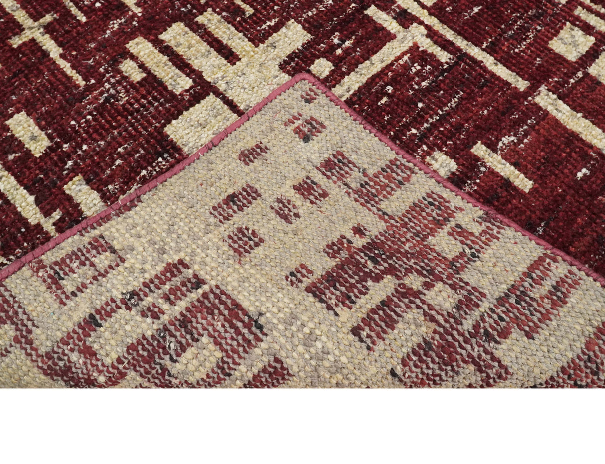 4x6 Hand Knotted Beige and Maroon Modern Abstract Recycled Silk Area Rug