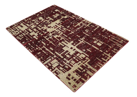 4x6 Hand Knotted Beige and Maroon Modern Abstract Recycled Silk Area Rug
