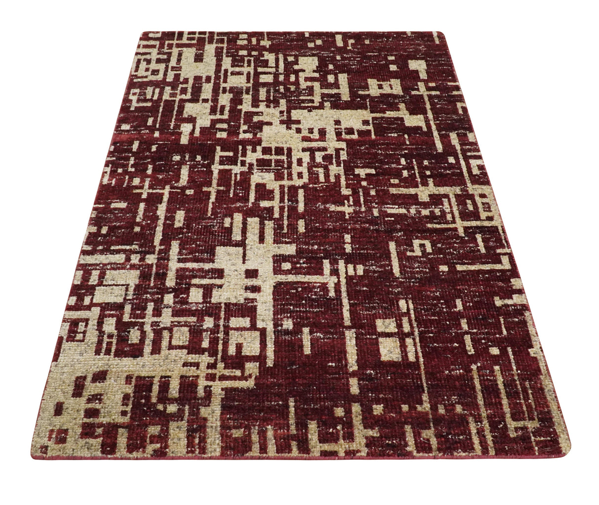 4x6 Hand Knotted Beige and Maroon Modern Abstract Recycled Silk Area Rug