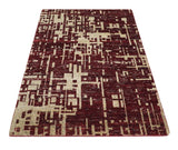 4x6 Hand Knotted Beige and Maroon Modern Abstract Recycled Silk Area Rug