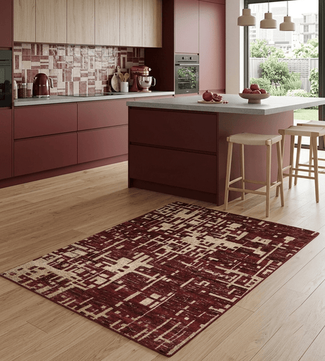 4x6 Hand Knotted Beige and Maroon Modern Abstract Recycled Silk Area Rug