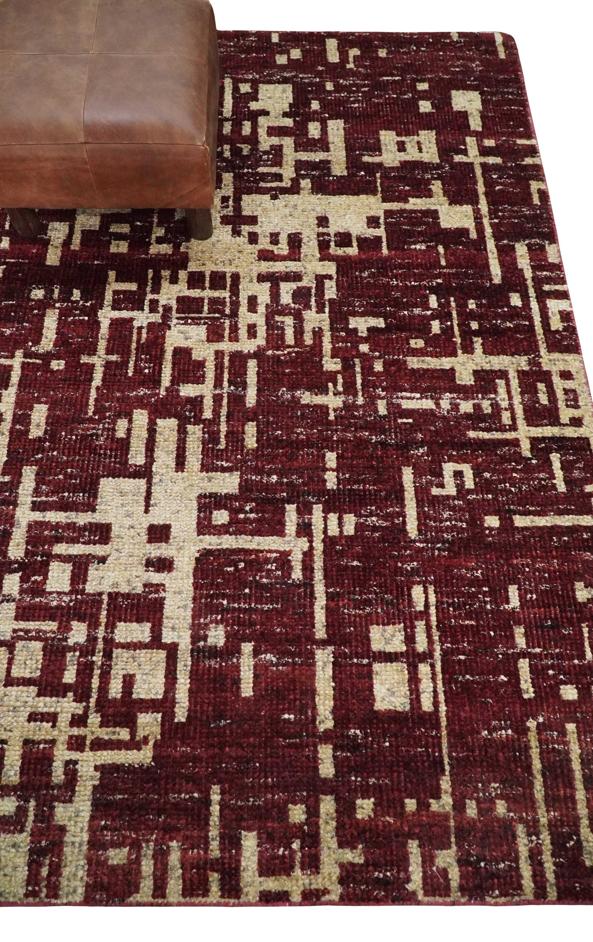 4x6 Hand Knotted Beige and Maroon Modern Abstract Recycled Silk Area Rug