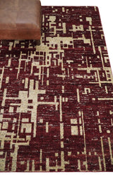 4x6 Hand Knotted Beige and Maroon Modern Abstract Recycled Silk Area Rug