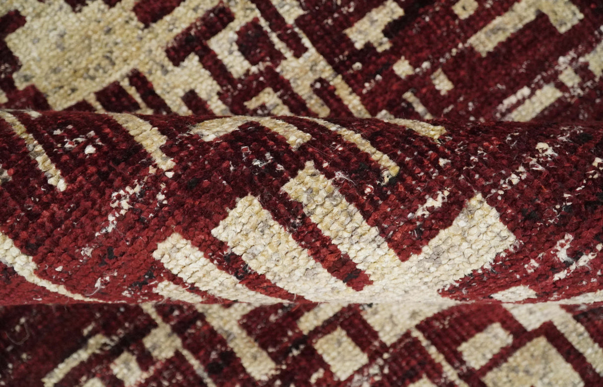4x6 Hand Knotted Beige and Maroon Modern Abstract Recycled Silk Area Rug