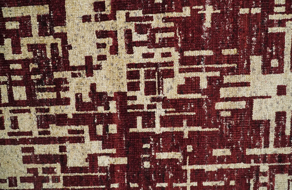 4x6 Hand Knotted Beige and Maroon Modern Abstract Recycled Silk Area Rug