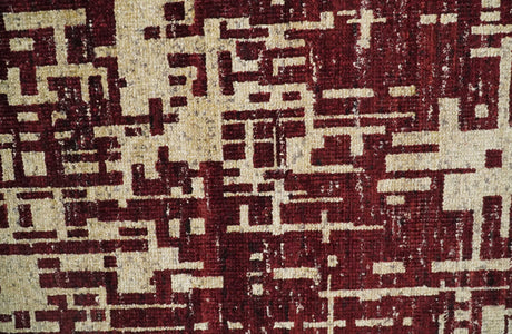 4x6 Hand Knotted Beige and Maroon Modern Abstract Recycled Silk Area Rug