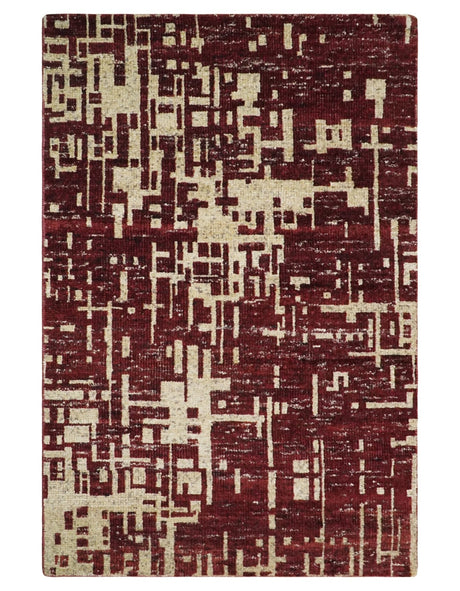 4x6 Hand Knotted Beige and Maroon Modern Abstract Recycled Silk Area Rug