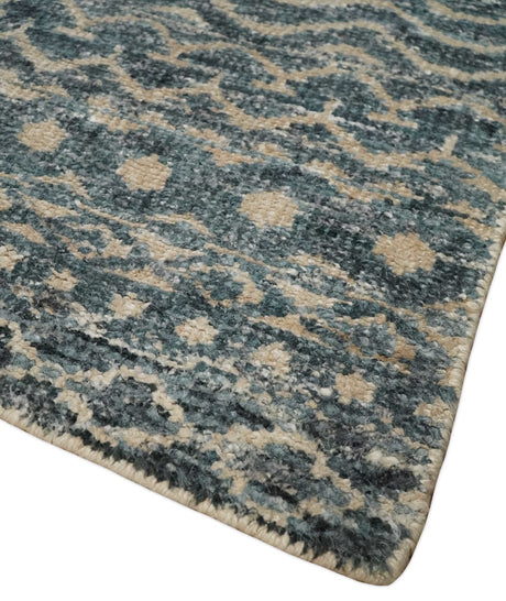 4x6 Hand Knotted Ivory, Beige and Blue Modern Contemporary Southwestern Tribal Trellis Recycled Silk Area Rug | OP55