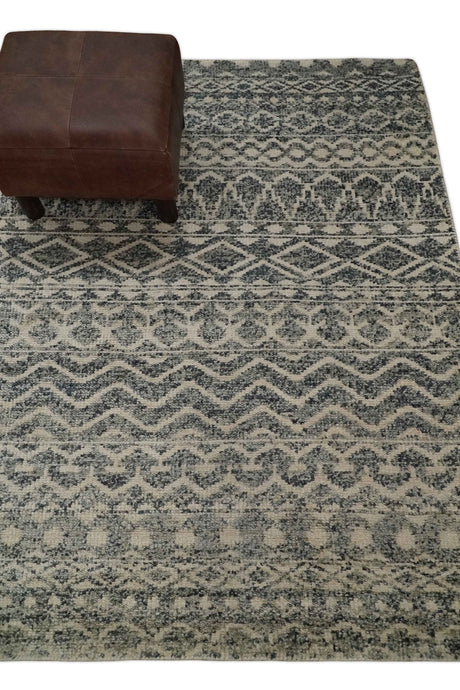 4x6 Hand Knotted Ivory, Black and Gray Modern Contemporary Southwestern Tribal Trellis Recycled Silk Area Rug | OP56