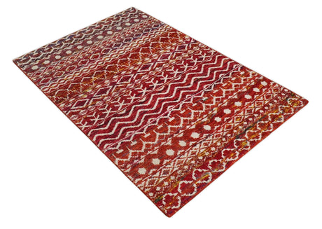 4x6 Hand Knotted Rust and Ivory Modern Contemporary Southwestern Tribal Trellis Recycled Silk Area Rug