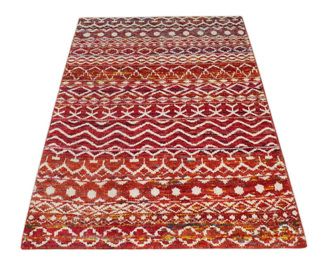 4x6 Hand Knotted Rust and Ivory Modern Contemporary Southwestern Tribal Trellis Recycled Silk Area Rug