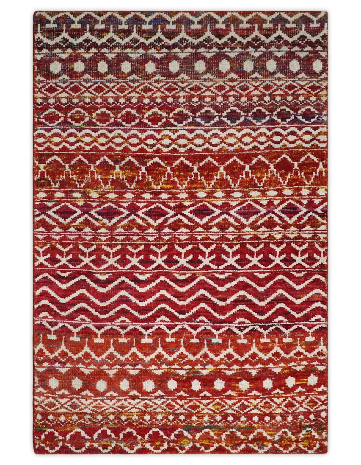 4x6 Hand Knotted Rust and Ivory Modern Contemporary Southwestern Tribal Trellis Recycled Silk Area Rug