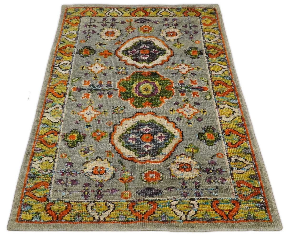 4x6 Hand Knotted Silver, Yellow and Orange Persian Oushak Recycled Silk Area Rug