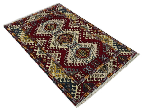 4x6 Hand Knotted Traditional Kazak Ivory and Rust Wool Area Rug