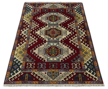 4x6 Hand Knotted Traditional Kazak Ivory and Rust Wool Area Rug