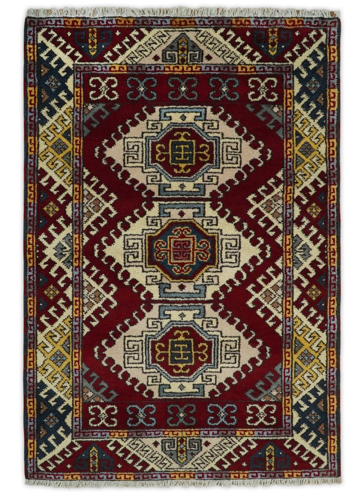 4x6 Hand Knotted Traditional Kazak Ivory and Rust Wool Area Rug