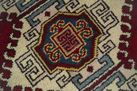 4x6 Hand Knotted Traditional Kazak Ivory and Rust Wool Area Rug